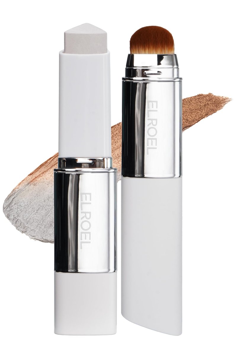 ELROEL Blanc Cover Cream Stick V White - Korean Color-Changing Foundation Stick with Volufiline - Medium to Full Coverage Dewy Finish Base Makeup - Dual-Ended with Detachable Brush (204 Tan) Avelisse