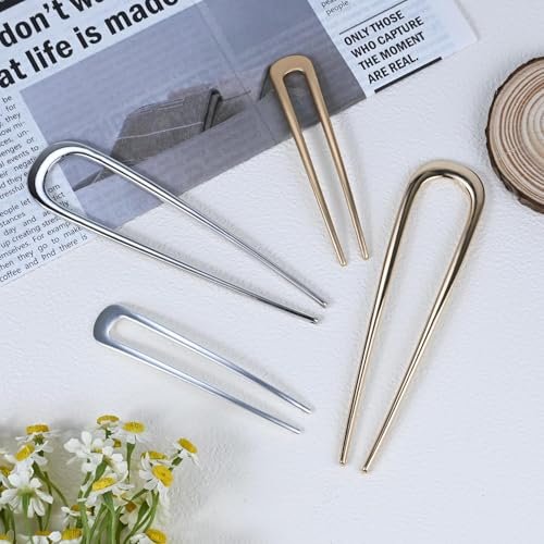 4-Pack U-Shaped French Hair Pins for Women – Metal Hair Pins for Thick Hair & French Twist, Hair Pin Fork – Holds Updos, Buns, Twists, Chignons Securely (Gold and Silver) - görsel 10