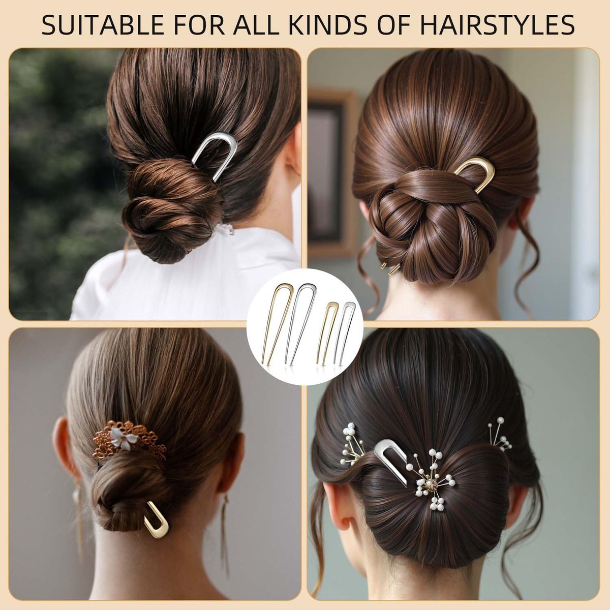 4-Pack U-Shaped French Hair Pins for Women – Metal Hair Pins for Thick Hair & French Twist, Hair Pin Fork – Holds Updos, Buns, Twists, Chignons Securely (Gold and Silver) - görsel 3