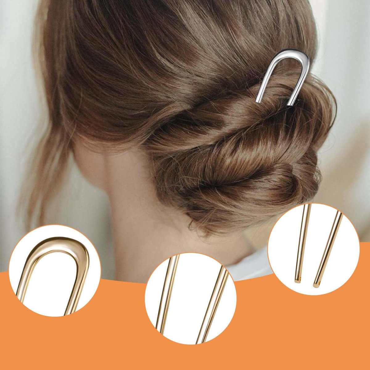 4-Pack U-Shaped French Hair Pins for Women – Metal Hair Pins for Thick Hair & French Twist, Hair Pin Fork – Holds Updos, Buns, Twists, Chignons Securely (Gold and Silver) - görsel 7