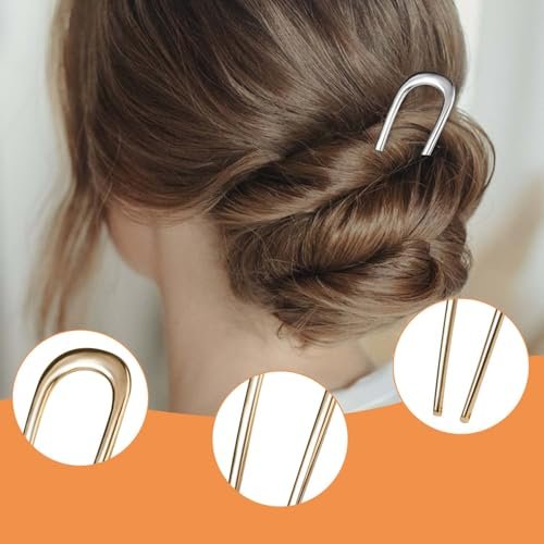 4-Pack U-Shaped French Hair Pins for Women – Metal Hair Pins for Thick Hair & French Twist, Hair Pin Fork – Holds Updos, Buns, Twists, Chignons Securely (Gold and Silver) - görsel 8