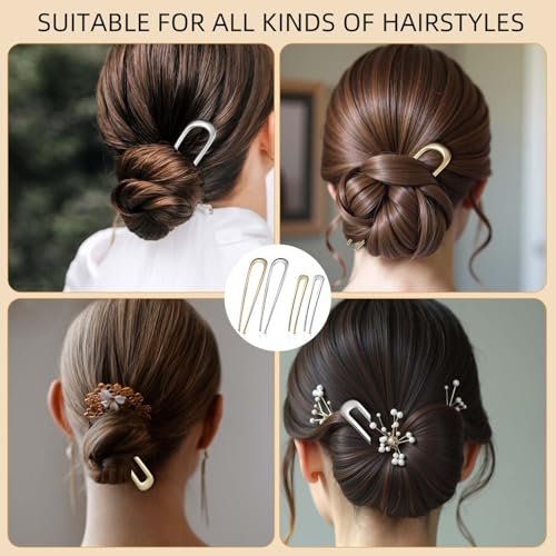 4-Pack U-Shaped French Hair Pins for Women – Metal Hair Pins for Thick Hair & French Twist, Hair Pin Fork – Holds Updos, Buns, Twists, Chignons Securely (Gold and Silver) - görsel 4