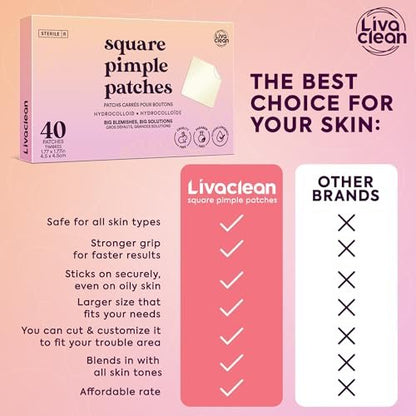 LivaClean 40CT Large Pimple Patches for Face - Big Hydrocolloid Acne Patches for Blemishes on Body, Nose, Forehead, Chin - XL Zit Stickers Avelisse