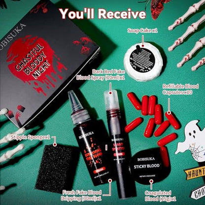 Halloween Fake Blood SFX Makeup Kit – Realistic Liquid Spray, Dripping Blood, Coagulated Gel, Capsules, Sponge & Soap – Washable Special Effects Body Paint for Vampire & Zombie Costumes Avelisse