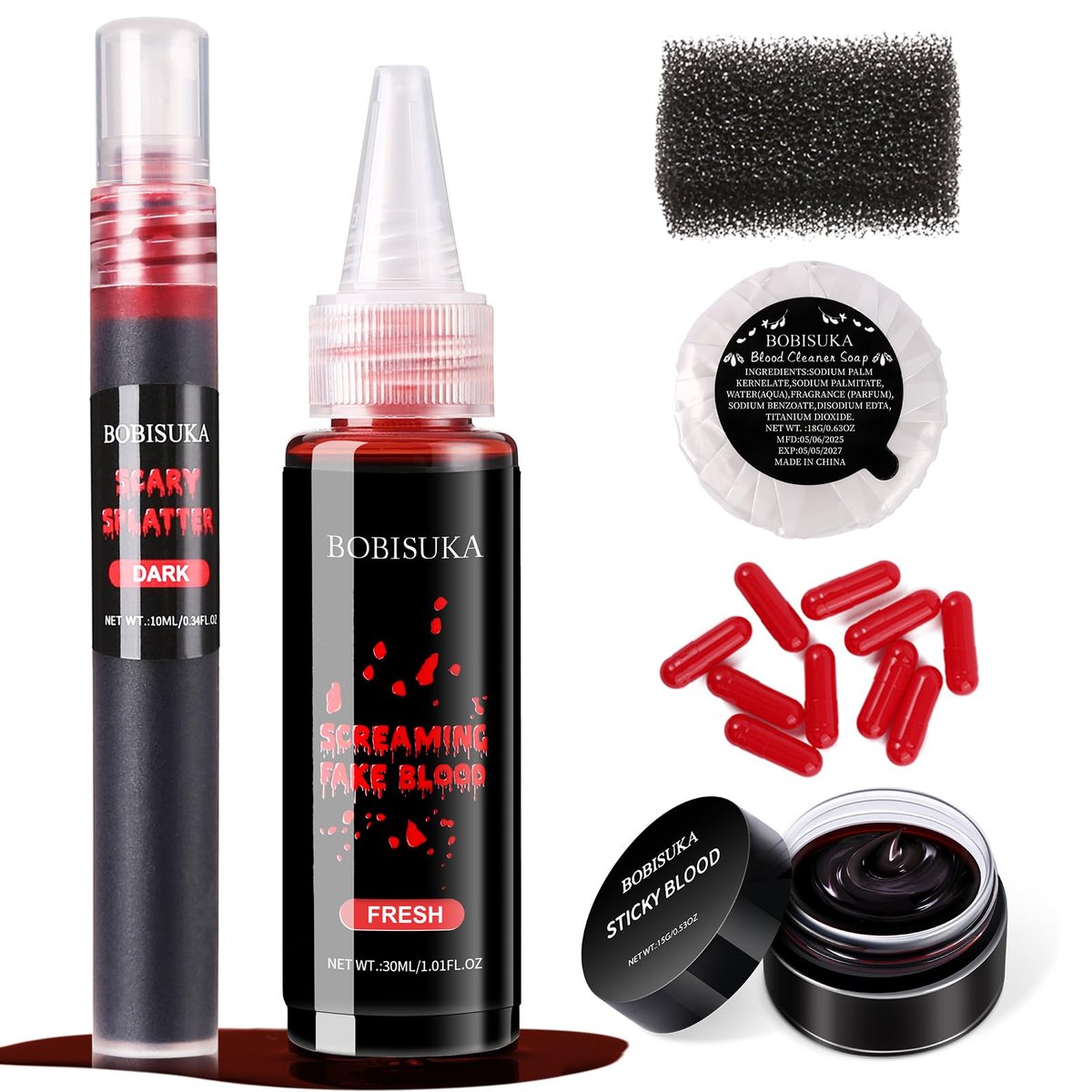 Halloween Fake Blood SFX Makeup Kit – Realistic Liquid Spray, Dripping Blood, Coagulated Gel, Capsules, Sponge & Soap – Washable Special Effects Body Paint for Vampire & Zombie Costumes Avelisse