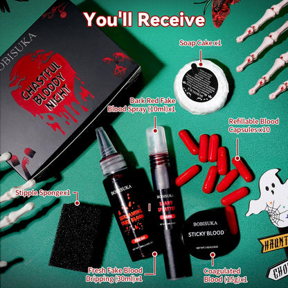 Halloween Fake Blood SFX Makeup Kit – Realistic Liquid Spray, Dripping Blood, Coagulated Gel, Capsules, Sponge & Soap – Washable Special Effects Body Paint for Vampire & Zombie Costumes Avelisse