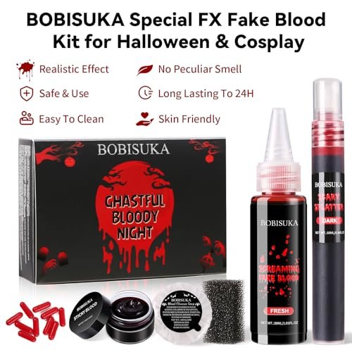 Halloween Fake Blood SFX Makeup Kit – Realistic Liquid Spray, Dripping Blood, Coagulated Gel, Capsules, Sponge & Soap – Washable Special Effects Body Paint for Vampire & Zombie Costumes Avelisse