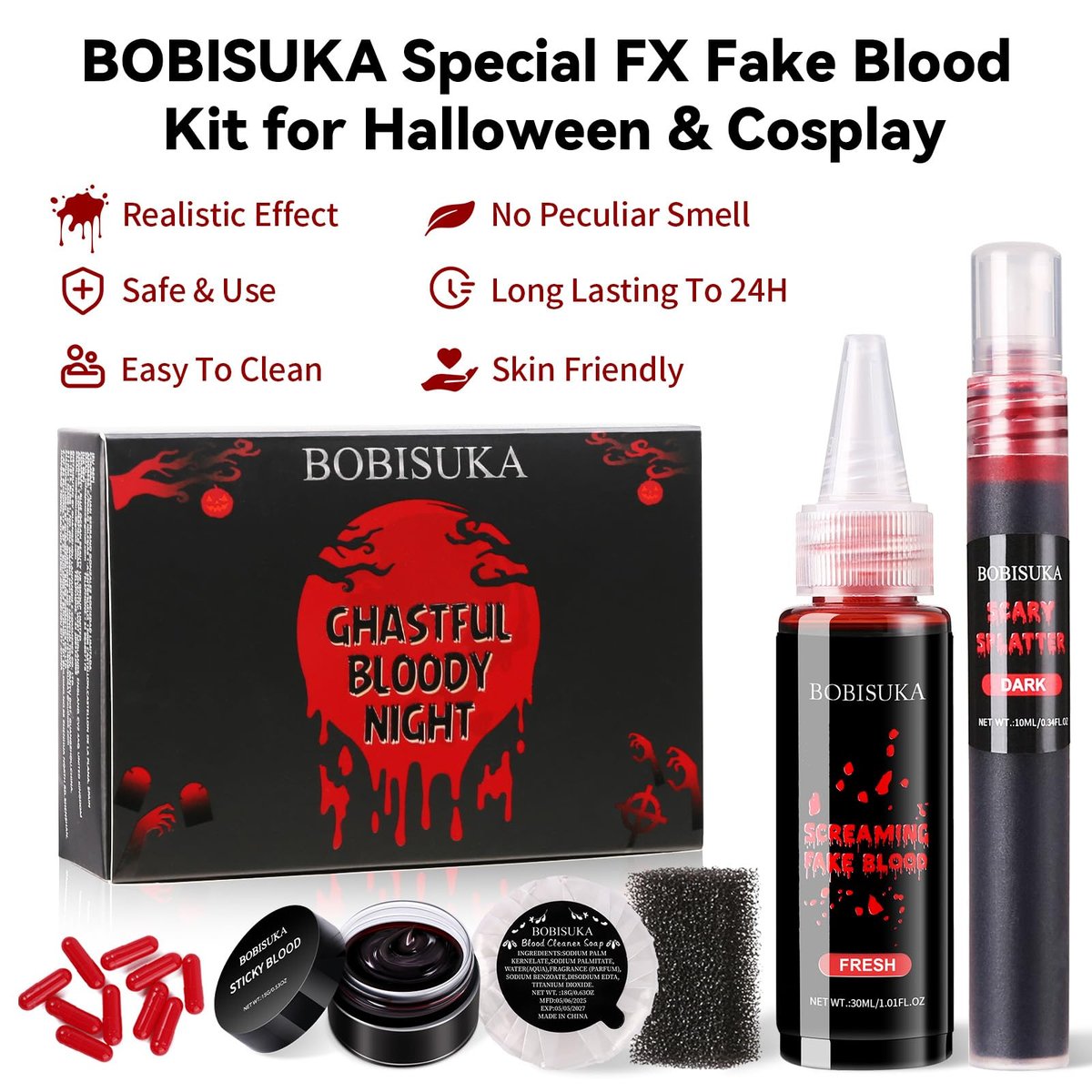 Halloween Fake Blood SFX Makeup Kit – Realistic Liquid Spray, Dripping Blood, Coagulated Gel, Capsules, Sponge & Soap – Washable Special Effects Body Paint for Vampire & Zombie Costumes Avelisse