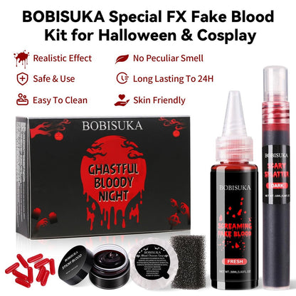 Halloween Fake Blood SFX Makeup Kit – Realistic Liquid Spray, Dripping Blood, Coagulated Gel, Capsules, Sponge & Soap – Washable Special Effects Body Paint for Vampire & Zombie Costumes Avelisse
