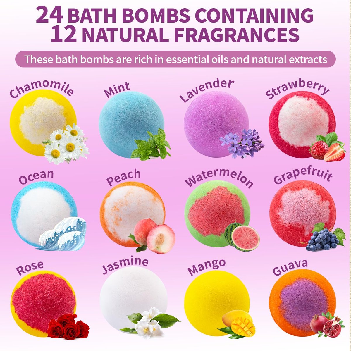24-Pack Handmade Natural & Organic Essential Oil Bath Bombs - Gift Basket Set for Women & Men, Spa Relaxing Bath Bombs for Mom, Wife, Girlfriend, Teacher Appreciation Avelisse