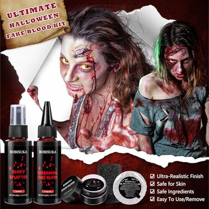 BOBISUKA Halloween Fake Blood Kit – 5PCS Realistic SFX Makeup for Zombie, Vampire, Monster & Cosplay