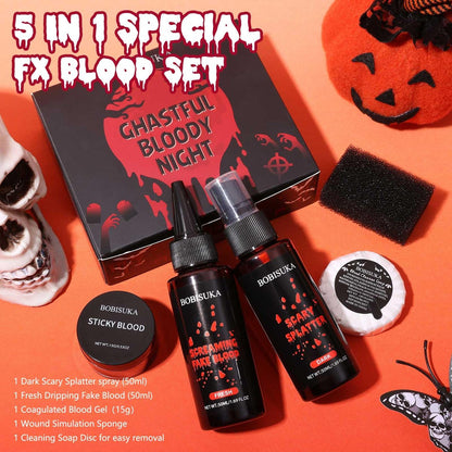 BOBISUKA Halloween Fake Blood Kit – 5PCS Realistic SFX Makeup for Zombie, Vampire, Monster & Cosplay