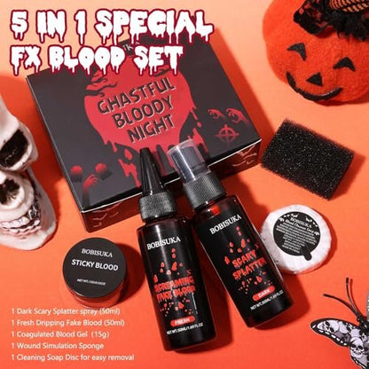 BOBISUKA Halloween Fake Blood Kit – 5PCS Realistic SFX Makeup for Zombie, Vampire, Monster & Cosplay