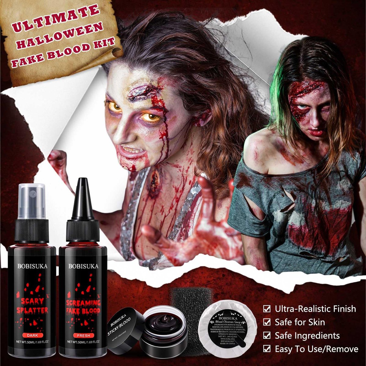BOBISUKA Halloween Fake Blood Kit – 5PCS Realistic SFX Makeup for Zombie, Vampire, Monster & Cosplay - görsel 5
