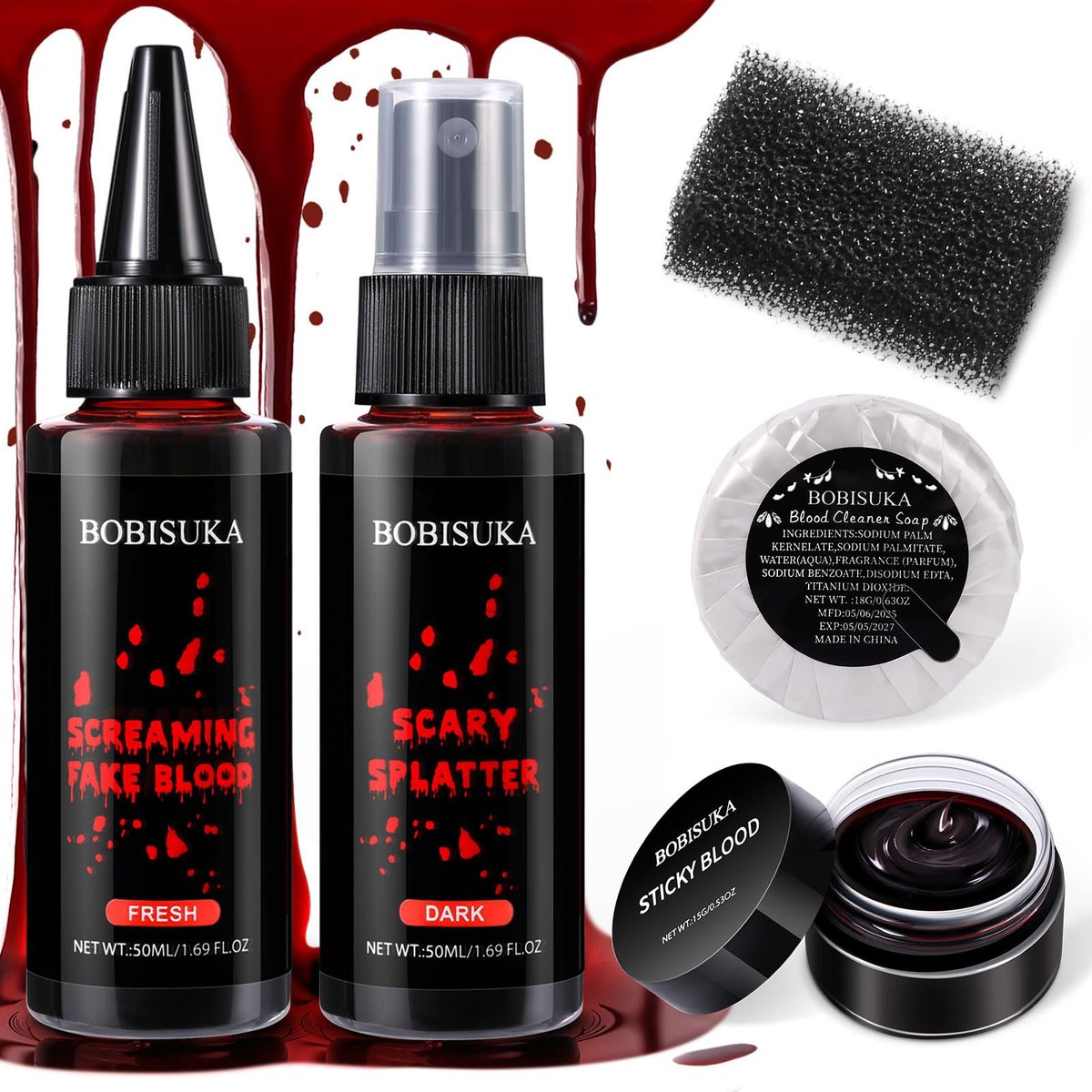 BOBISUKA Halloween Fake Blood Kit – 5PCS Realistic SFX Makeup for Zombie, Vampire, Monster & Cosplay - görsel 1