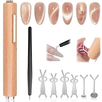 FOWSRHRG 3 in 1 Cat Eye Nail Magnet Tool Set – Wooden Handle with Steel Ball & Heart Magnet for DIY Nail Art