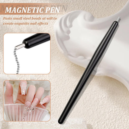 FOWSRHRG 3 in 1 Cat Eye Nail Magnet Tool Set – Wooden Handle with Steel Ball & Heart Magnet for DIY Nail Art