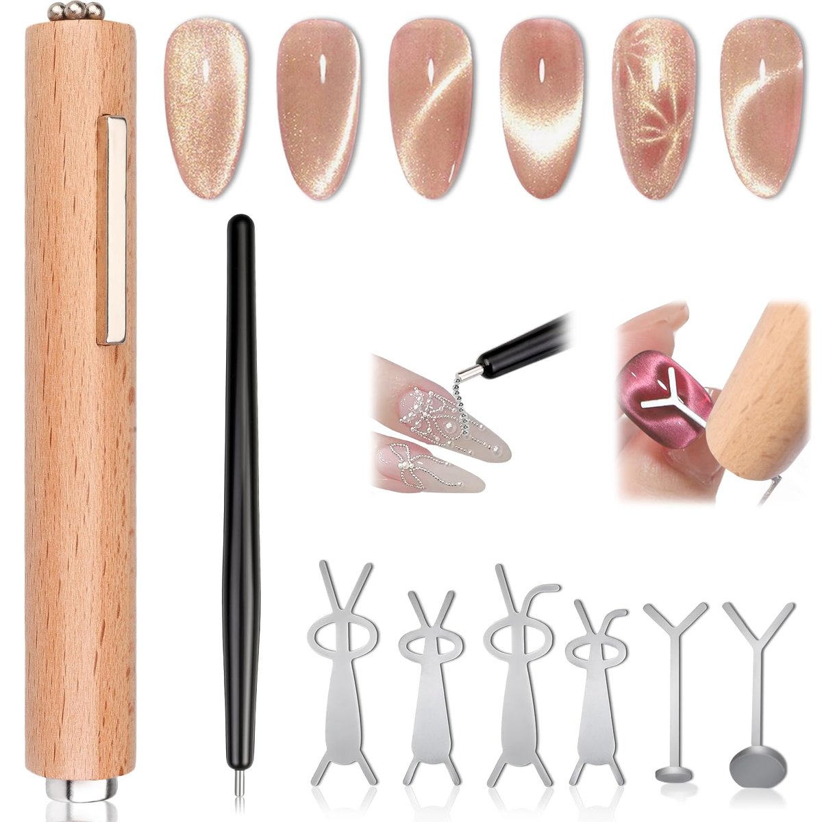 FOWSRHRG 3 in 1 Cat Eye Nail Magnet Tool Set – Wooden Handle with Steel Ball & Heart Magnet for DIY Nail Art - görsel 1