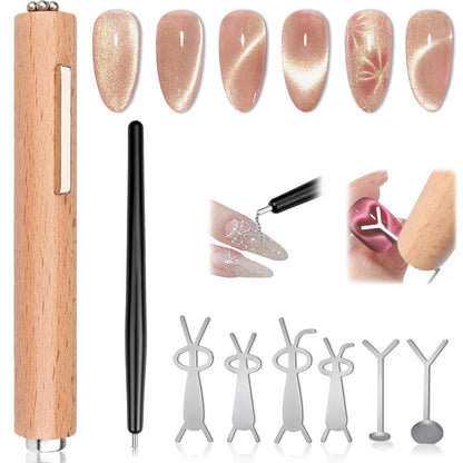 FOWSRHRG 3 in 1 Cat Eye Nail Magnet Tool Set – Wooden Handle with Steel Ball & Heart Magnet for DIY Nail Art