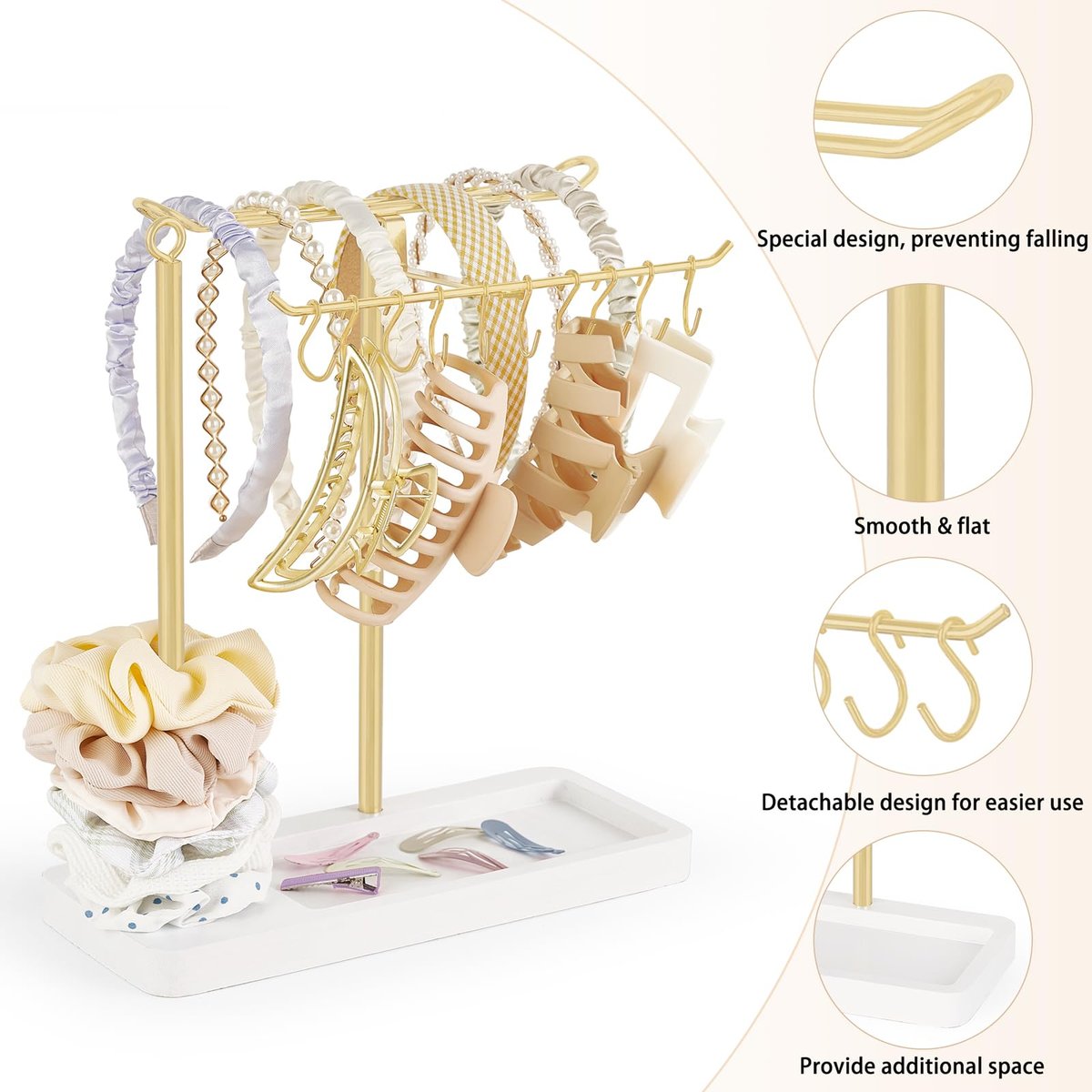 Dahey Gold Headband Holder – Multifunctional Hair Accessories Organizer Stand for Headbands, Claw Clips, Scrunchie Display – Metal Storage for Bedroom, Dorm, Bathroom Vanity Decor for Women Avelisse