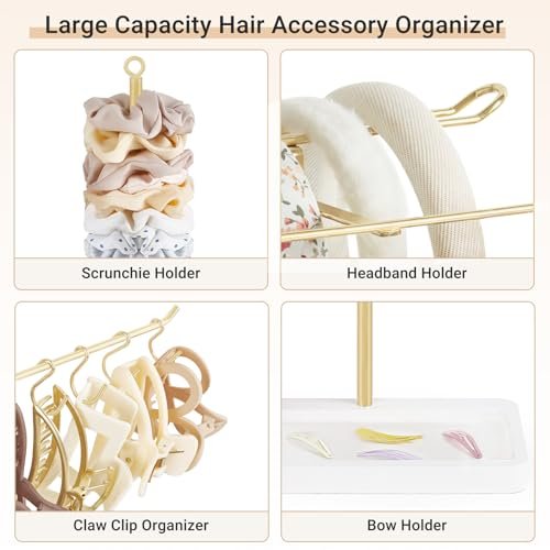 Dahey Gold Headband Holder – Multifunctional Hair Accessories Organizer Stand for Headbands, Claw Clips, Scrunchie Display – Metal Storage for Bedroom, Dorm, Bathroom Vanity Decor for Women Avelisse