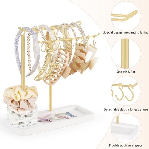 Dahey Gold Headband Holder – Multifunctional Hair Accessories Organizer Stand for Headbands, Claw Clips, Scrunchie Display – Metal Storage for Bedroom, Dorm, Bathroom Vanity Decor for Women Avelisse