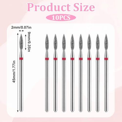 10 Piece Diamond Flame Cuticle Drill Bits with Case - 3/32'' Nail Drill Bits for Electric Nail File, Cuticle Bits Manicure Pedicure Kit