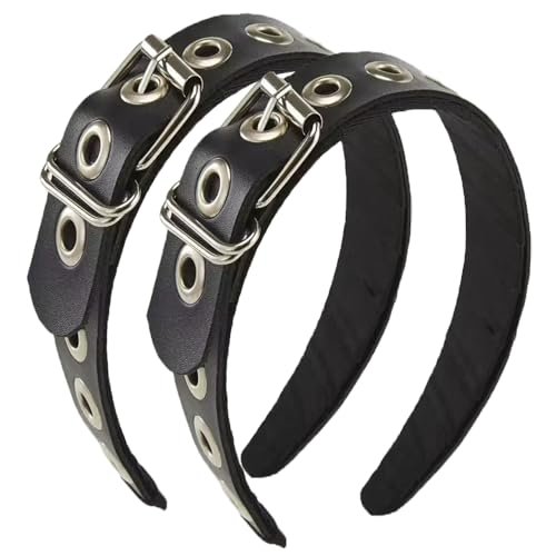 BaBakiak Gothic Punk Style Metal Buckle Headband for Women - Black Faux Leather Belt Design Hair Accessories (2-Piece Set) Avelisse