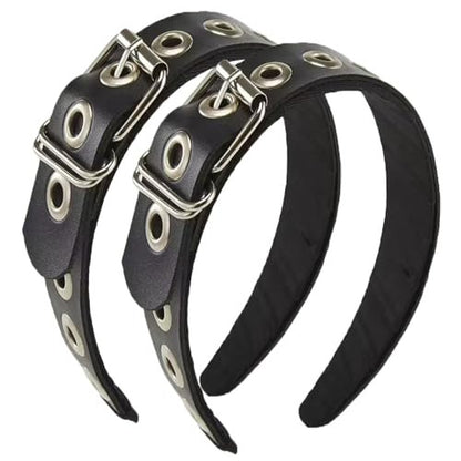 BaBakiak Gothic Punk Style Metal Buckle Headband for Women - Black Faux Leather Belt Design Hair Accessories (2-Piece Set) Avelisse