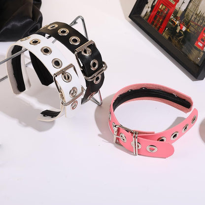 BaBakiak Gothic Punk Style Metal Buckle Headband for Women - Black Faux Leather Belt Design Hair Accessories (2-Piece Set) Avelisse