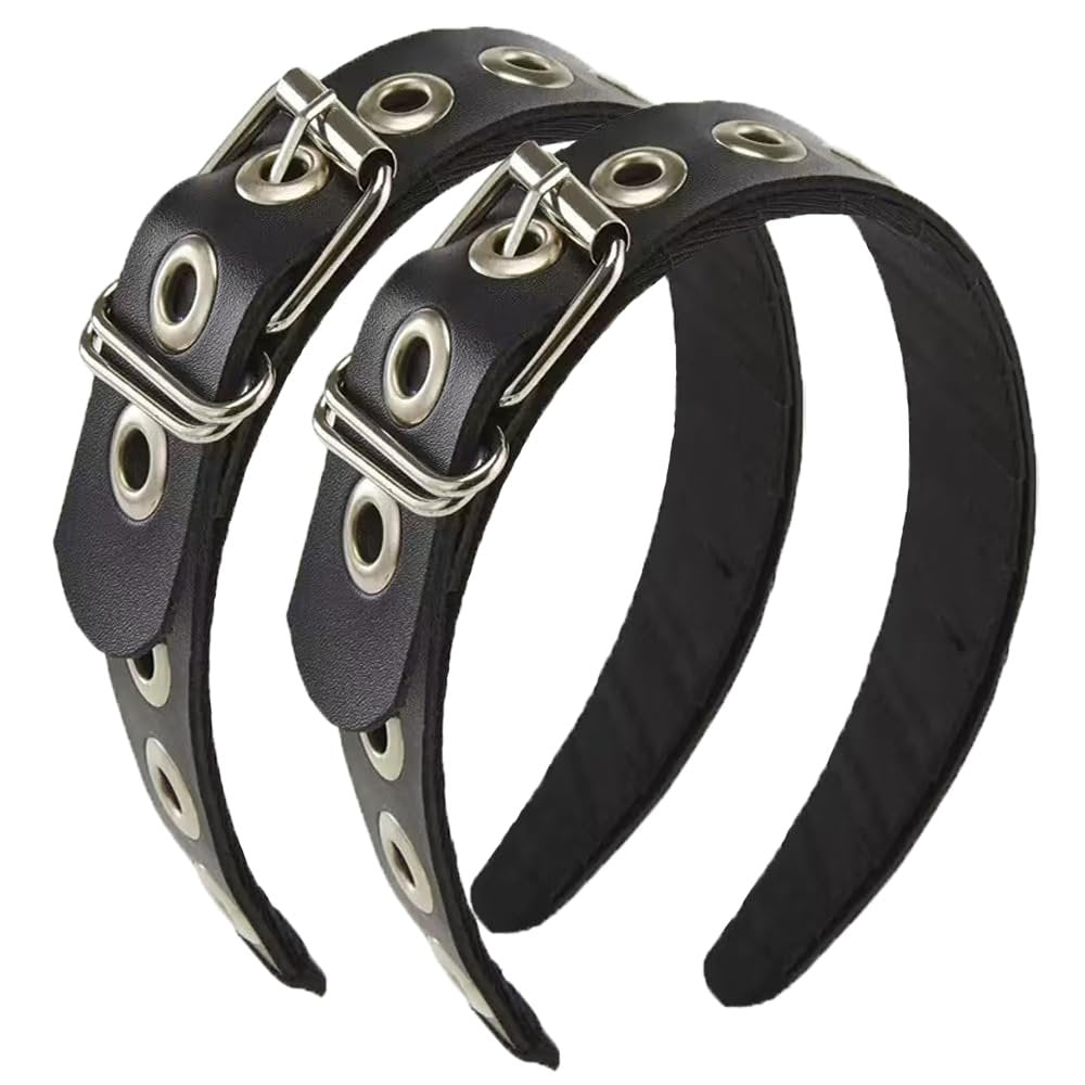 BaBakiak Gothic Punk Style Metal Buckle Headband for Women - Black Faux Leather Belt Design Hair Accessories (2-Piece Set) Avelisse