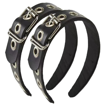 BaBakiak Gothic Punk Style Metal Buckle Headband for Women - Black Faux Leather Belt Design Hair Accessories (2-Piece Set) Avelisse
