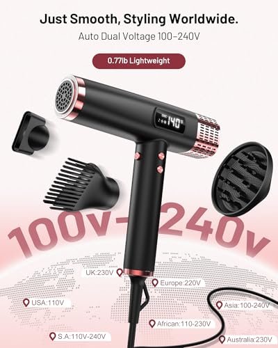 MESCOMB Dual Voltage Ionic Hair Dryer 1875W - High-Speed Blow Dryer with Diffuser for Women, Fast Drying, No Heat Damage, Low Noise, Lightweight, European Travel 110V-240V Avelisse