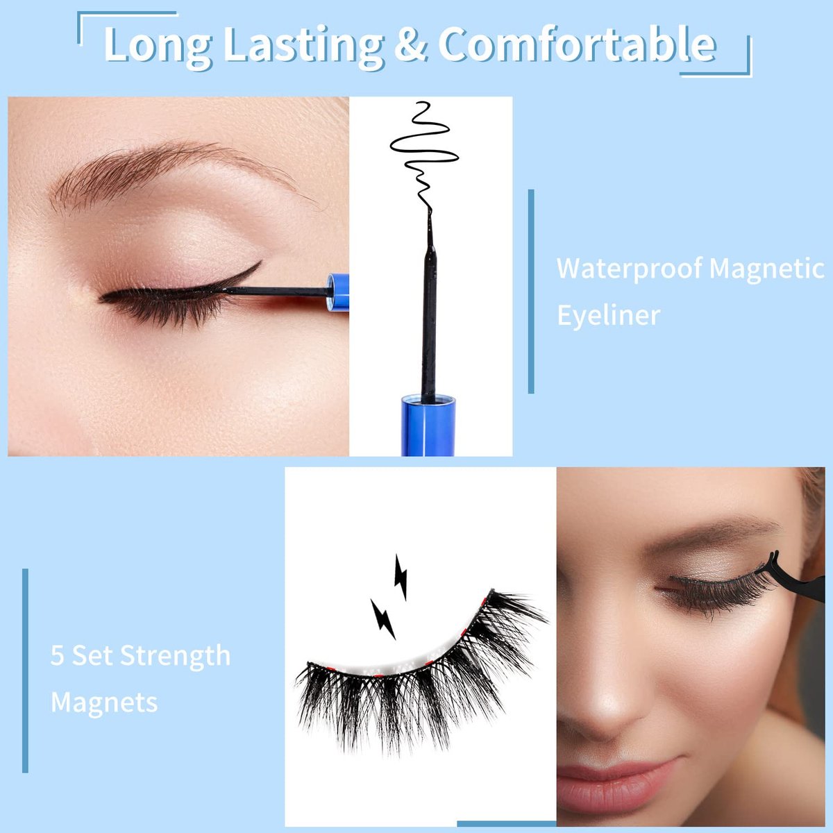 Magnetic Eyelashes Kit - 7 Pairs Reusable 3D Natural Look Magnetic Lashes with Eyeliner & Tweezers, No Glue Needed, Easy to Apply, Lightweight & Waterproof False Eyelashes (7 Pairs) - görsel 3
