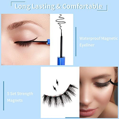 Magnetic Eyelashes Kit - 7 Pairs Reusable 3D Natural Look Magnetic Lashes with Eyeliner & Tweezers, No Glue Needed, Easy to Apply, Lightweight & Waterproof False Eyelashes (7 Pairs)