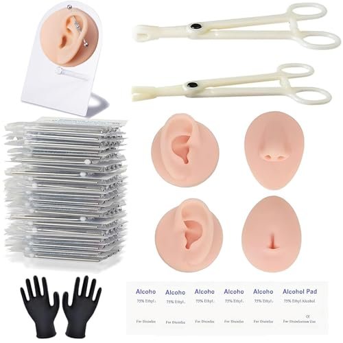 39PCS Piercing Kit with Silicone Model Body Part Displays – Professional Ear Nose Navel Piercing Set for Beginners & Pros Avelisse