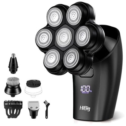 HiBig 7D Arc Head Shaver for Bald Men - Magnetic Detachable Electric Razor, Waterproof Wet/Dry 5-in-1 Grooming Kit with LED Display, Rechargeable Head & Body Hair Shaver, Black Avelisse