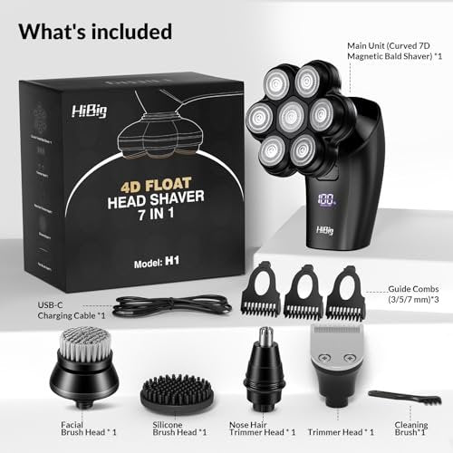HiBig 7D Arc Head Shaver for Bald Men - Magnetic Detachable Electric Razor, Waterproof Wet/Dry 5-in-1 Grooming Kit with LED Display, Rechargeable Head & Body Hair Shaver, Black Avelisse