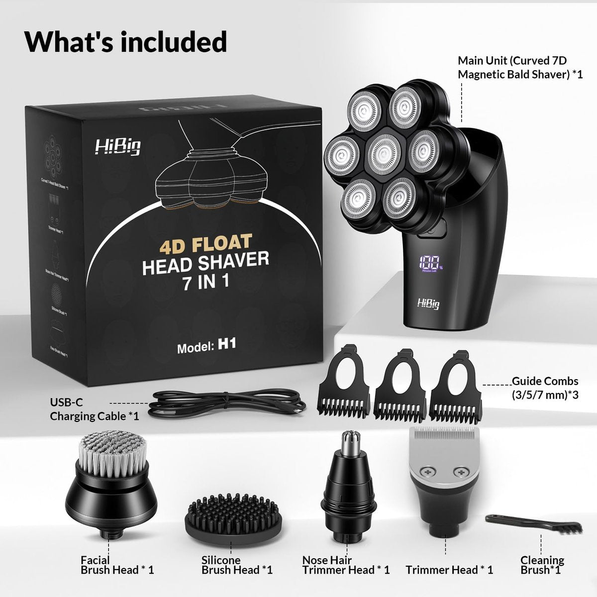 HiBig 7D Arc Head Shaver for Bald Men - Magnetic Detachable Electric Razor, Waterproof Wet/Dry 5-in-1 Grooming Kit with LED Display, Rechargeable Head & Body Hair Shaver, Black Avelisse