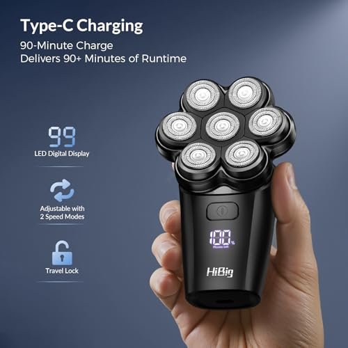 HiBig 7D Arc Head Shaver for Bald Men - Magnetic Detachable Electric Razor, Waterproof Wet/Dry 5-in-1 Grooming Kit with LED Display, Rechargeable Head & Body Hair Shaver, Black Avelisse