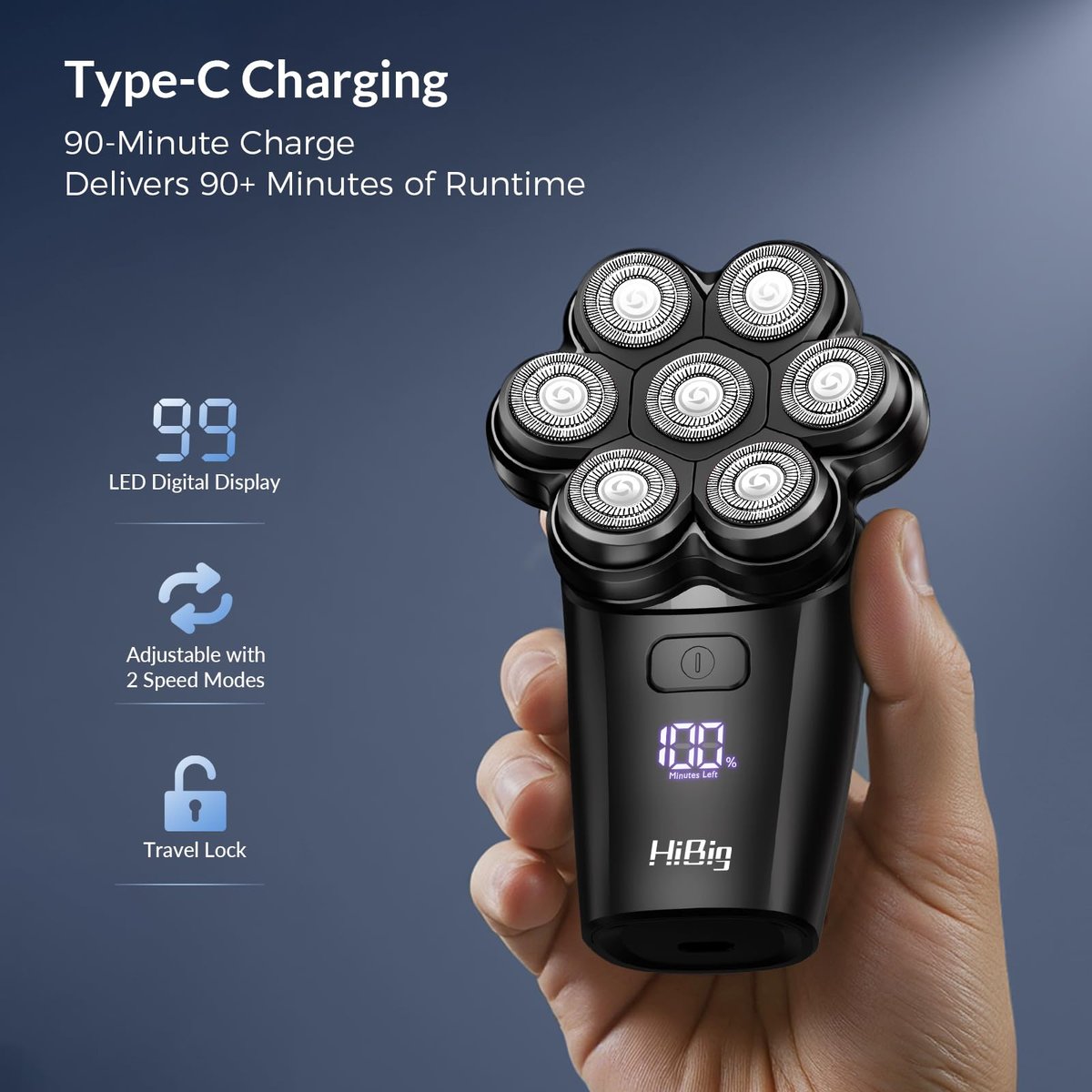 HiBig 7D Arc Head Shaver for Bald Men - Magnetic Detachable Electric Razor, Waterproof Wet/Dry 5-in-1 Grooming Kit with LED Display, Rechargeable Head & Body Hair Shaver, Black Avelisse