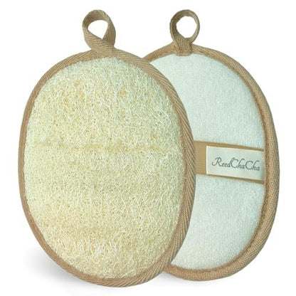 ReedChaCha Natural Shower Loofah for Women & Men, Biodegradable Egyptian Luffa, Plastic-Free Bath Sponge for Exfoliating Dead Skin, Lightly Abrasive Body Scrubber, 2 Pack