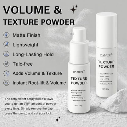 DAMUSI Hair Texture Powder Spray - Lightweight Volumizing & Texturizing Powder for Men & Women, Matte Finish Natural Look, All-Day Hold