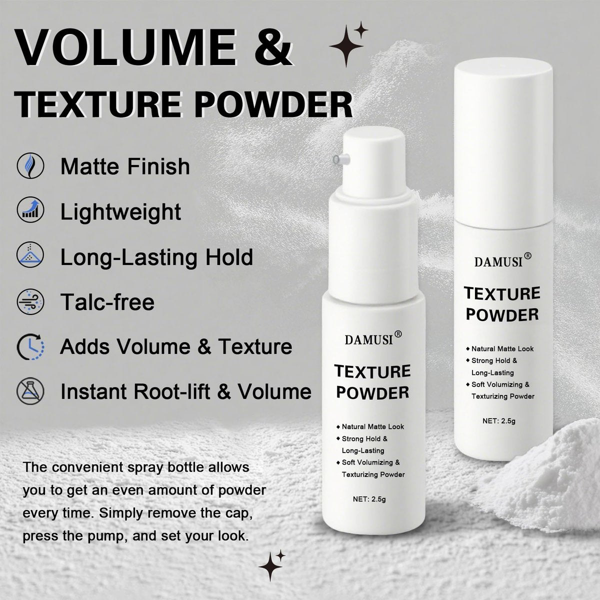 DAMUSI Hair Texture Powder Spray - Lightweight Volumizing & Texturizing Powder for Men & Women, Matte Finish Natural Look, All-Day Hold - görsel 3