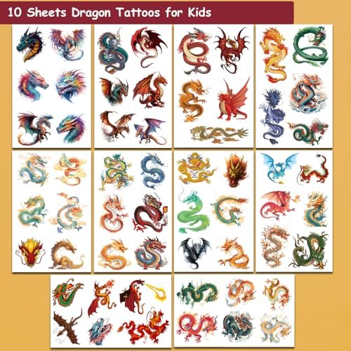 Hohamn 60 Pcs Dragon Temporary Tattoos for Boys Kids - 10 Sheets Dragon Tattoos for Children Birthday Party Supplies Gifts Decoration - görsel 4