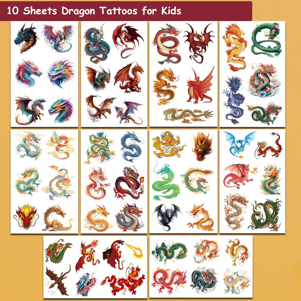 Hohamn 60 Pcs Dragon Temporary Tattoos for Boys Kids - 10 Sheets Dragon Tattoos for Children Birthday Party Supplies Gifts Decoration - görsel 3