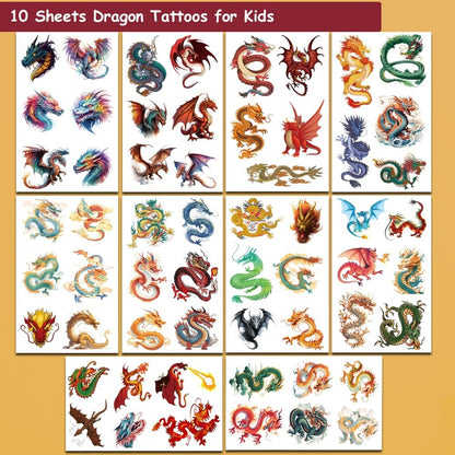 Hohamn 60 Pcs Dragon Temporary Tattoos for Boys Kids - 10 Sheets Dragon Tattoos for Children Birthday Party Supplies Gifts Decoration
