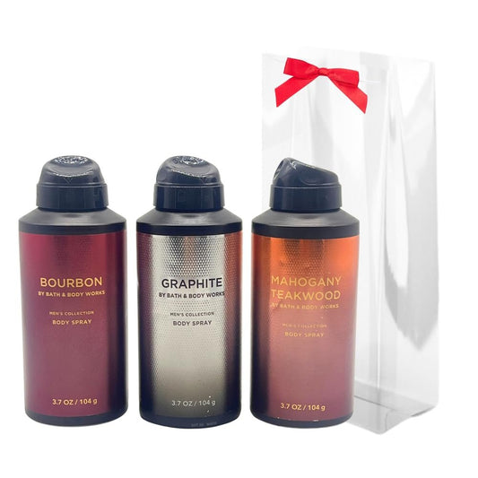 Bath & Body Works Men's Collection Deodorizing Body Spray Gift Set - Mahogany Teakwood, Graphite & Bourbon (3.7 oz Each, 3-Piece) with Red Bow Avelisse