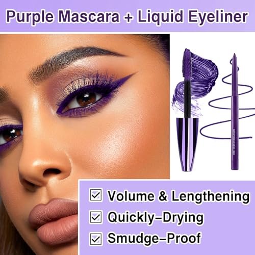 PERVALA Purple Mascara and Eyeliner Set - 5D Colored Volume & Length Waterproof Mascara for Natural Lengthening Curling - Suitable for All Skin Types (Purple Mascara + Purple Eyeliner, 0.04 oz Pack of 3) - görsel 4