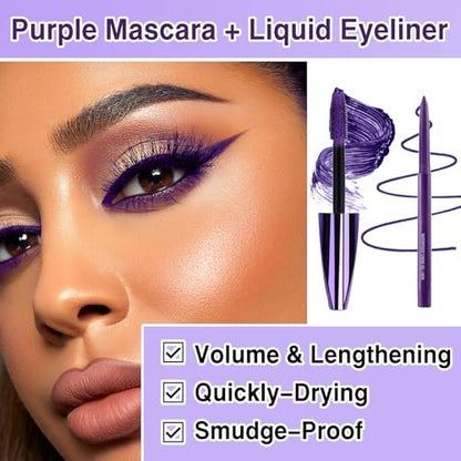 PERVALA Purple Mascara and Eyeliner Set - 5D Colored Volume & Length Waterproof Mascara for Natural Lengthening Curling - Suitable for All Skin Types (Purple Mascara + Purple Eyeliner, 0.04 oz Pack of 3)